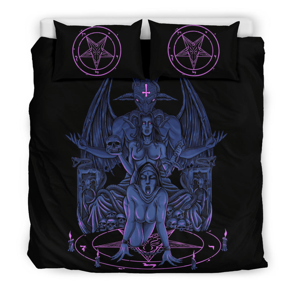 Skull Baphomet Serpent Satanic Pentagram Demon Inception Throne 3 Piece Duvet Set Sexy Blue Pink