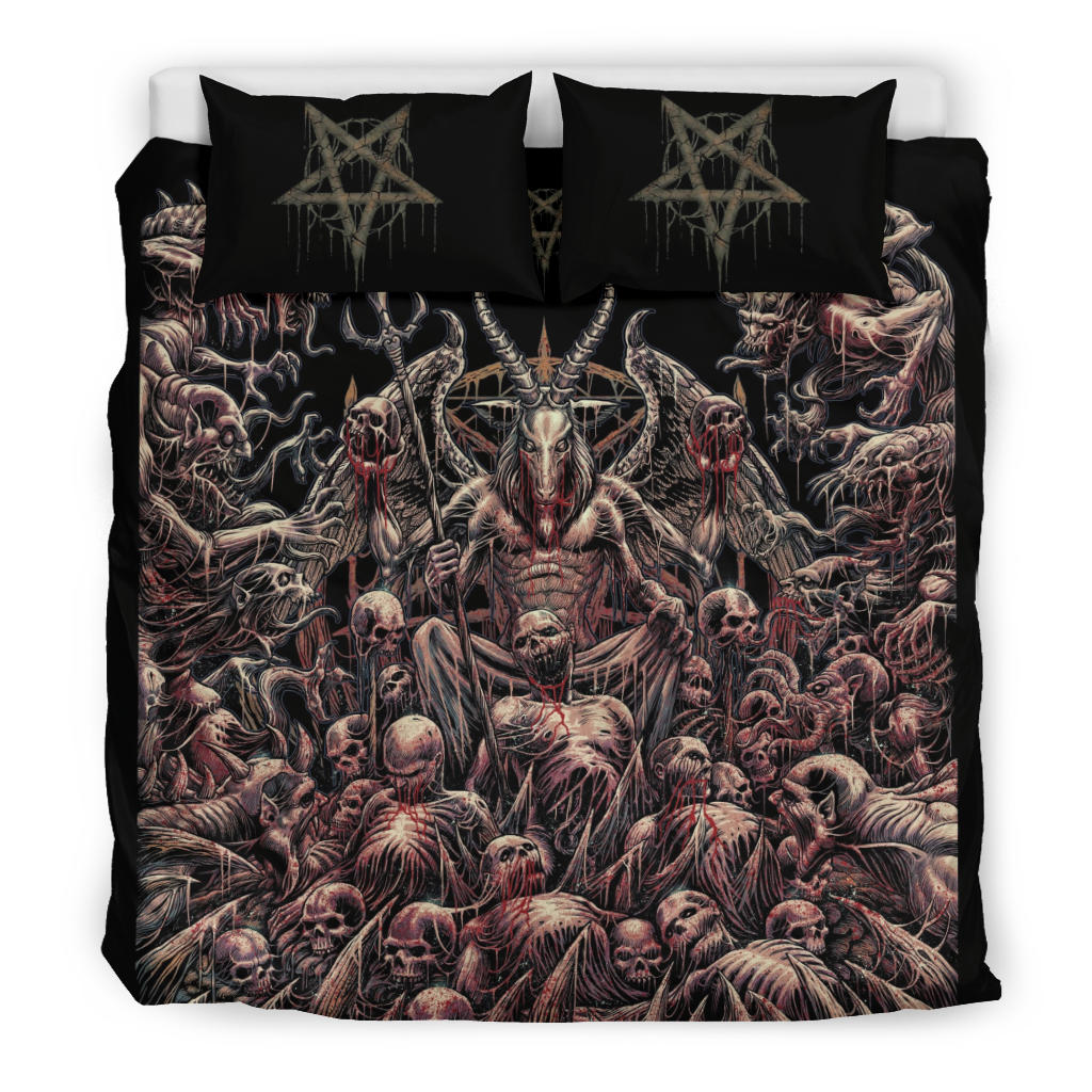 Skull Satanic Pentagram Winged Satanic Goat Demon Blood Red Zombie Galore 3 Piece Duvet Set
