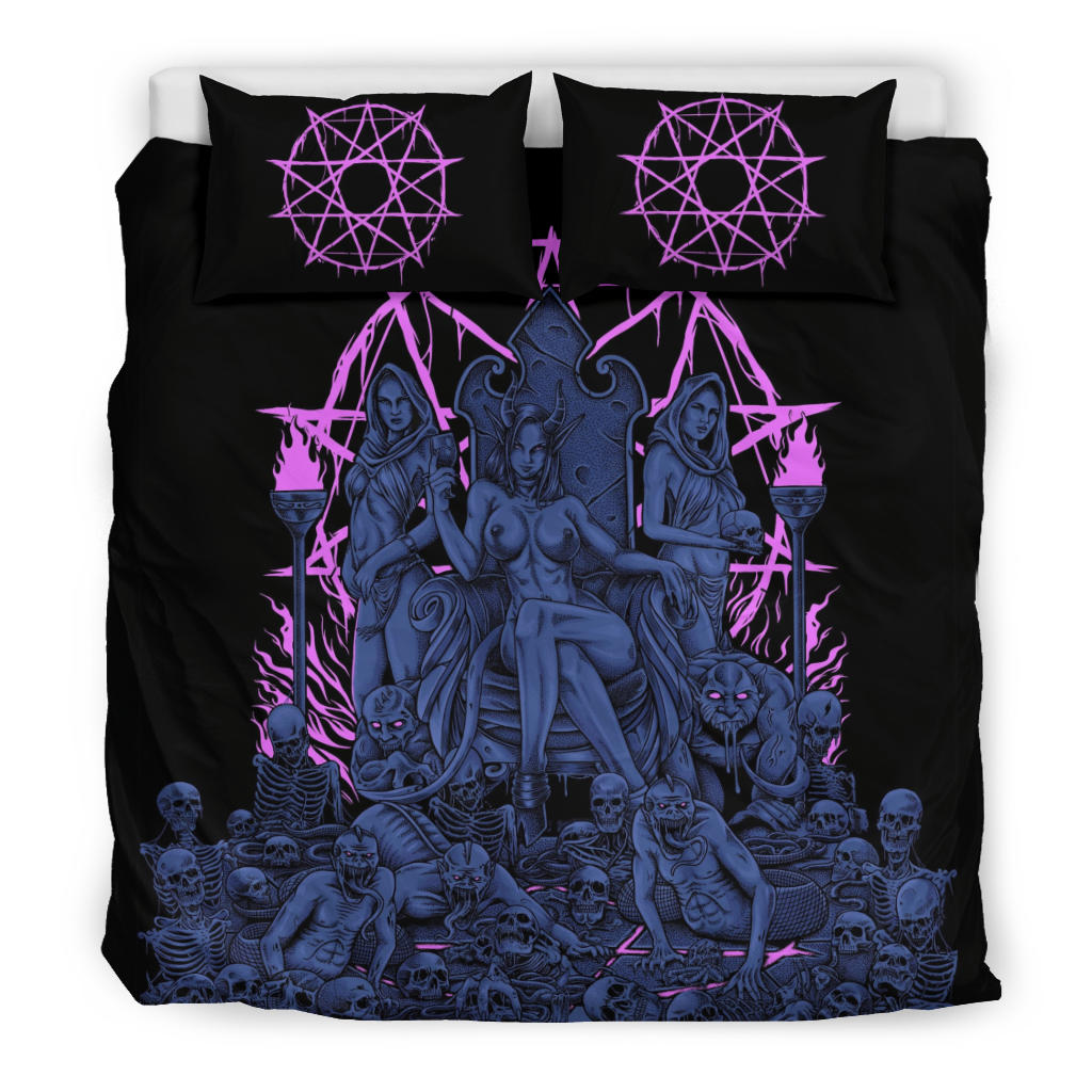 Skull Demon Serpent Flesh Gluttony Throne 3 Piece Duvet Set Sexy Blue Pink