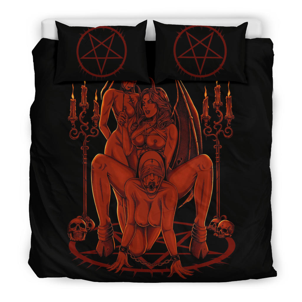 Skull Satanic Pentagram Thorn Candle Satanic Cross Erotic Possession 3 Piece Duvet Set New Flame Red