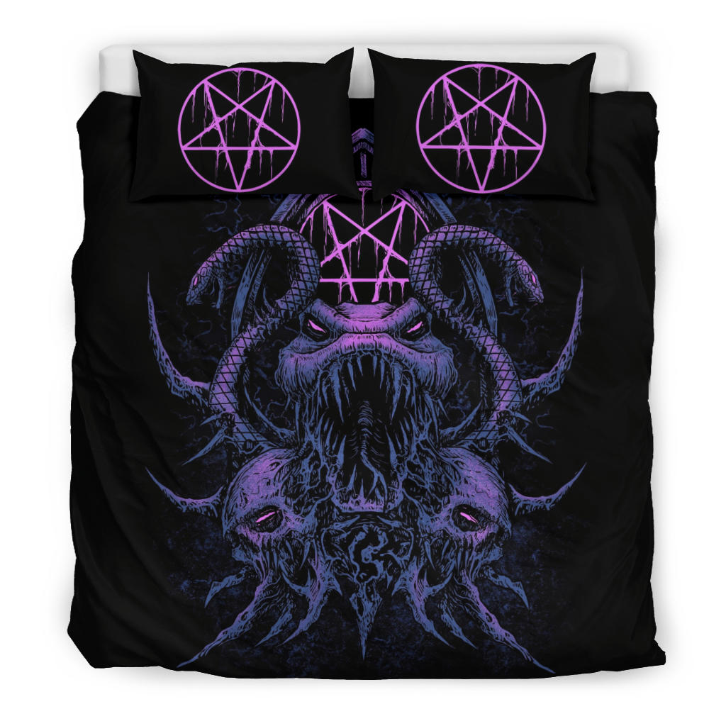 Skull Demon Serpent Satanic Pentagram 3 Piece Duvet Set Night Blue Pink Tint