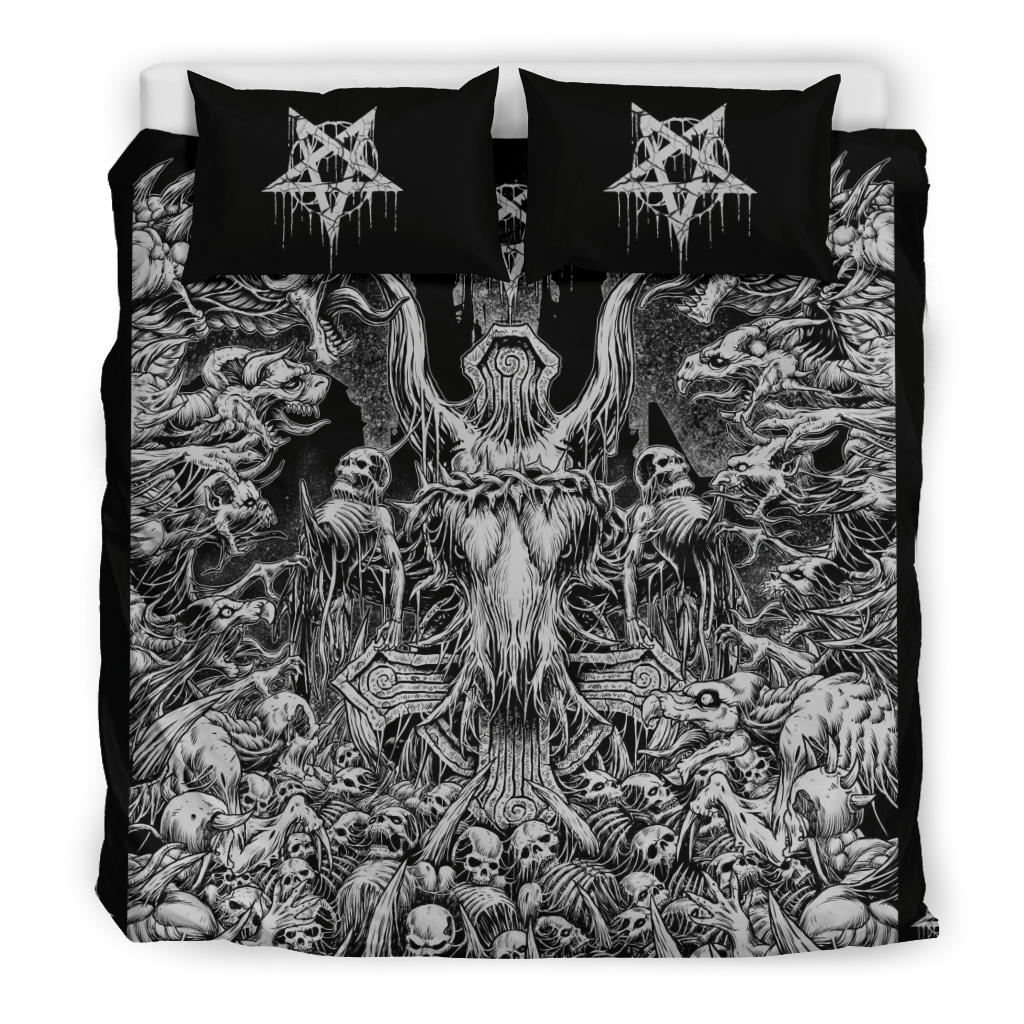 Skull Inverted Cross Crowned Goat Impaled Skeleton Demon Church Blitzkrieg 3 Piece Duvet Set Black And White