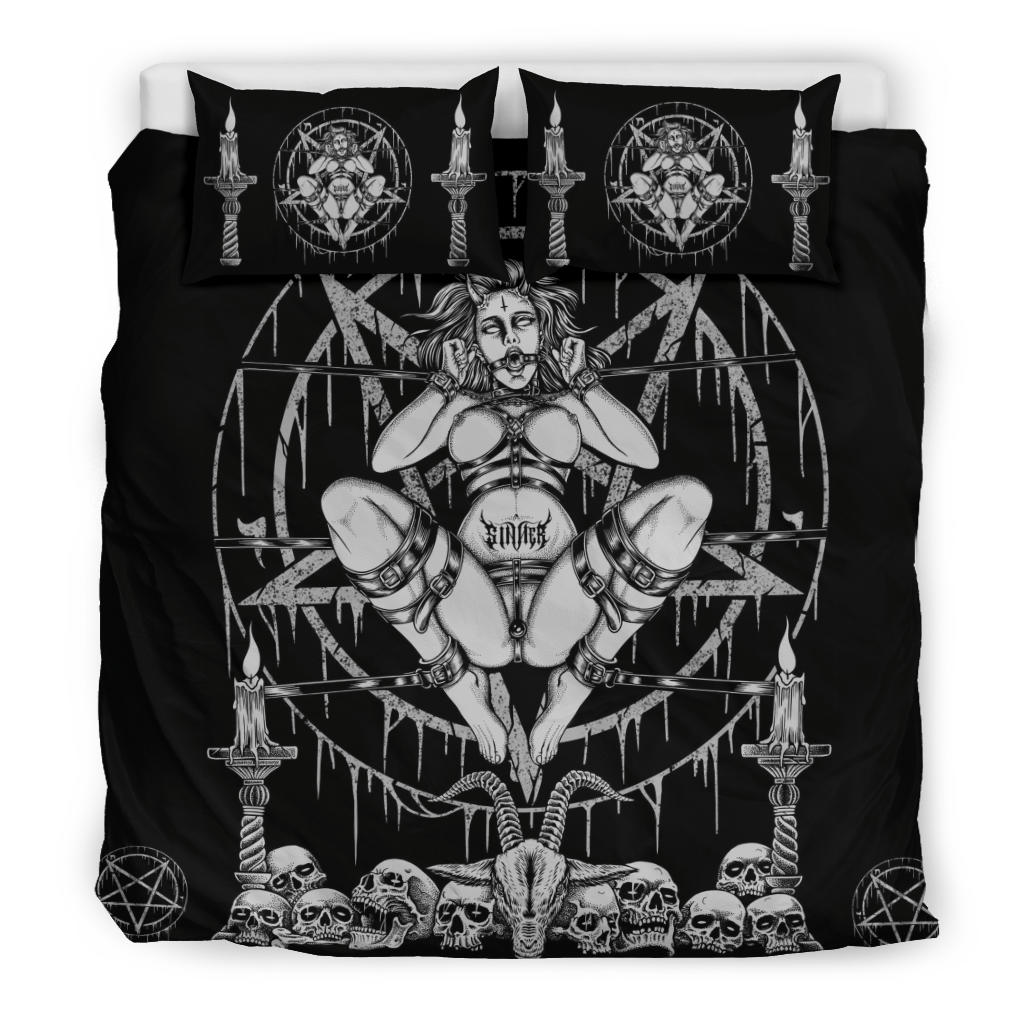 Skull Demon Satanic Baphomet Goat Satanic Pentagram Chained To Sin And Lovin It 3 Piece Duvet Set Black And White