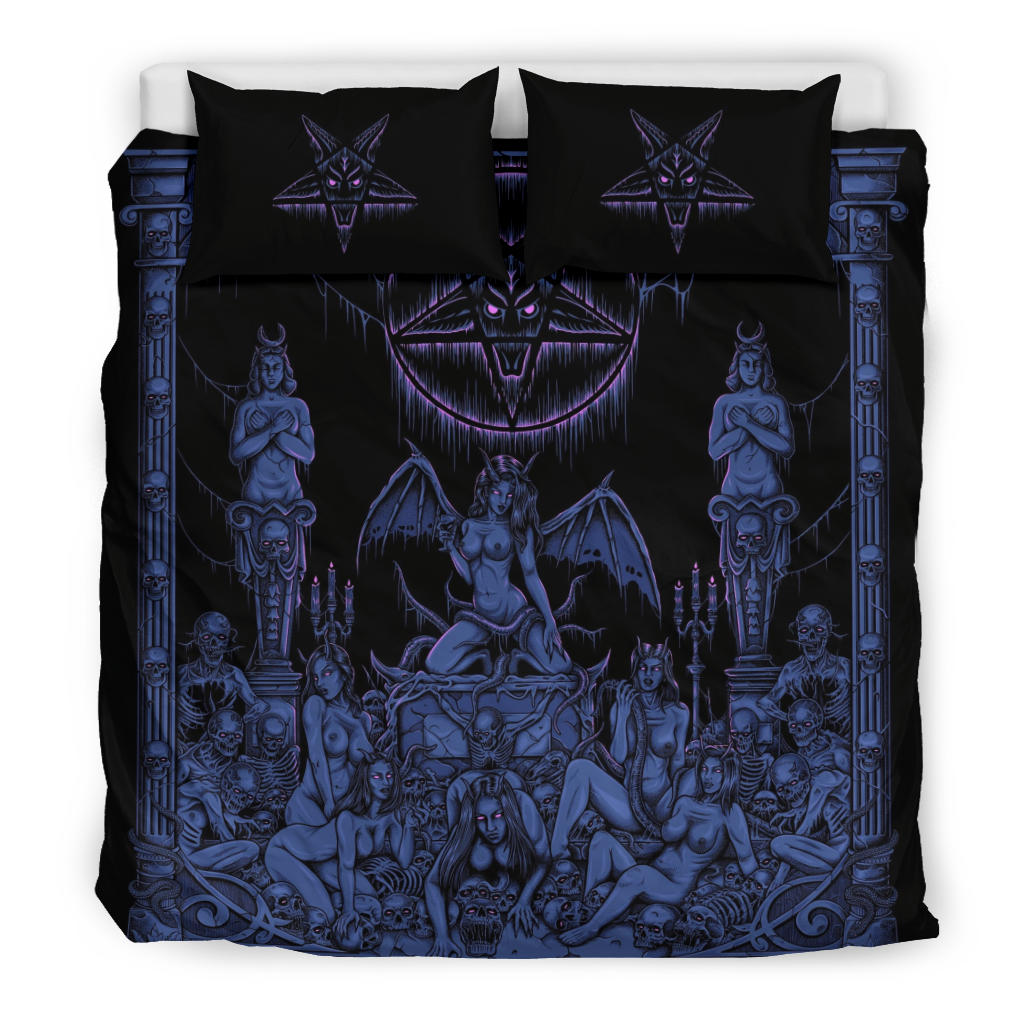 Satanic Pentagram Skull Sexy Winged Demon Welcome To Hell's Pearly Pleasure Gates 3 Piece Duvet Set Erotic Blue Pink