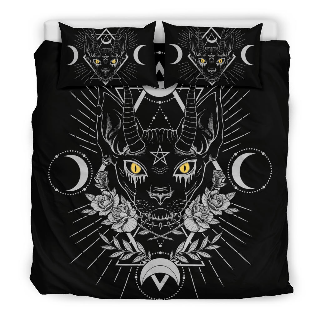 Gothic Occult Black Cat Unique Sphinx Style 3 Piece Duvet Set Eye Color Version