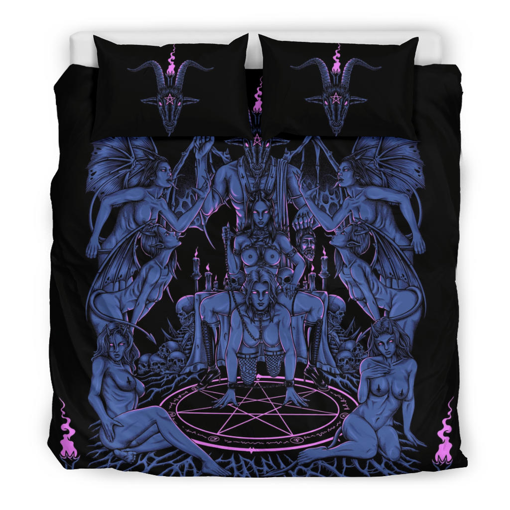 Skull Satanic Baphomet Sexy Winged Demon Savior Head Display Throne 3 Piece Duvet Set Awesome Erotic Blue Pink