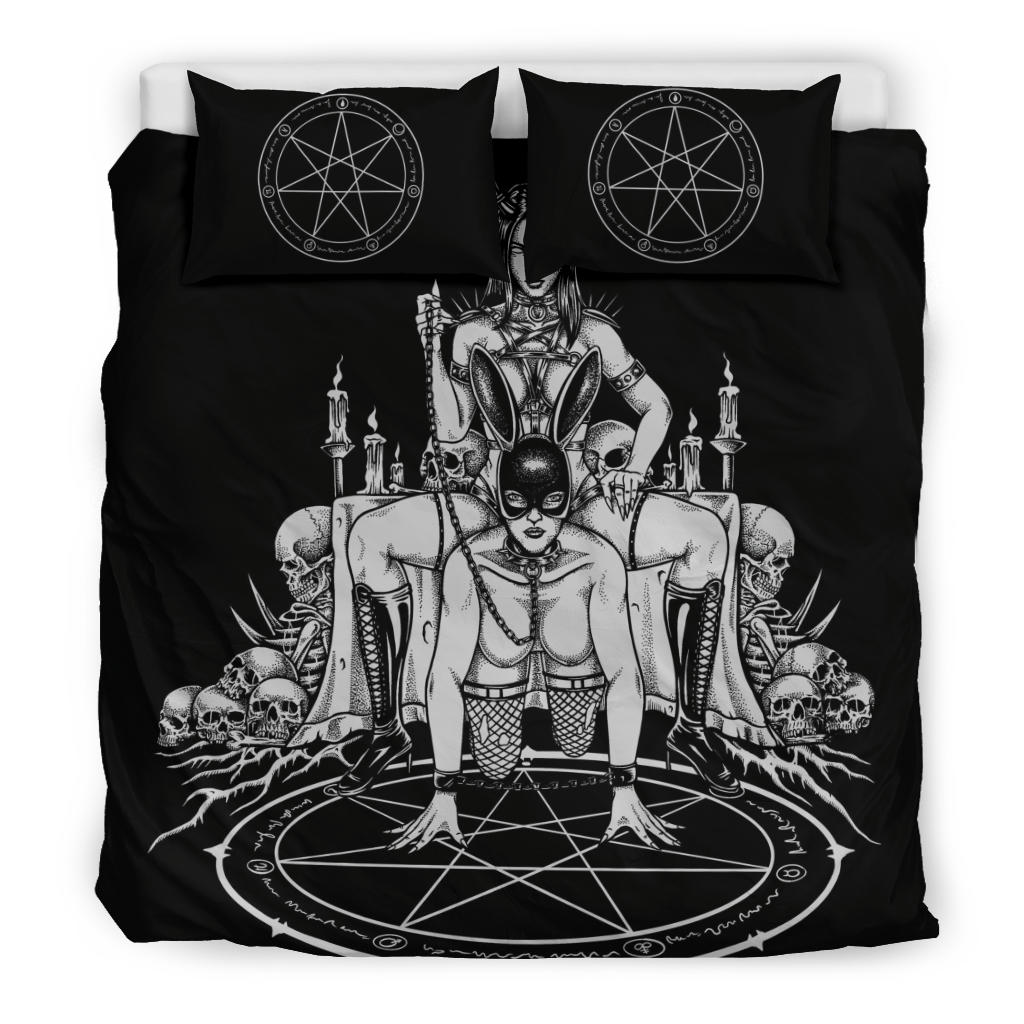 Skull Satanic Pentagram Candle Chained Erotic Latex Bunny Mask Party 3 Piece Duvet Set Black And White