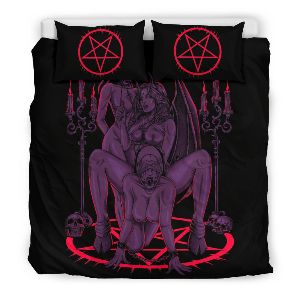 Skull Satanic Pentagram Thorn Candle Satanic Cross Erotic Possession 3 Piece Duvet Set Awesome Glowing Purple Red