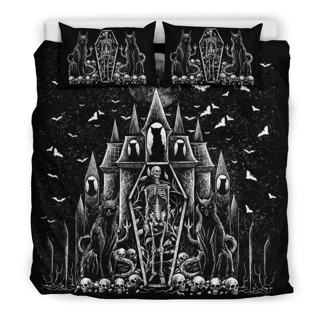 Skull Gothic Cat Skeleton Coffin Gothic Wicked Bat Night House 3 Piece Duvet Set Black Cat Version