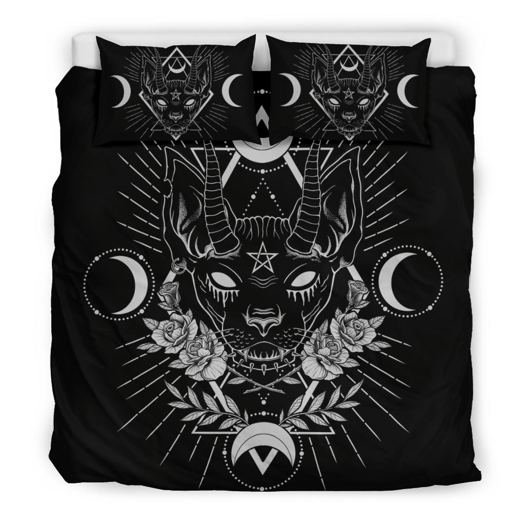 Gothic Occult Black Cat Unique Sphinx Style 3 Piece Duvet Set Awesome Demonic White Eye Black Cat Version