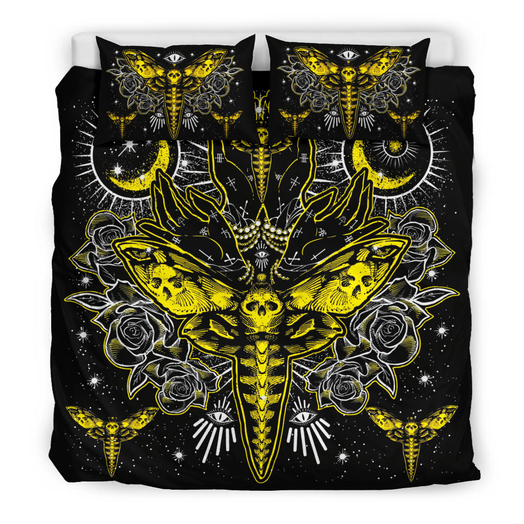 Skull Moth Secret Society Occult Style 3 Piece Duvet Set Yellow Version