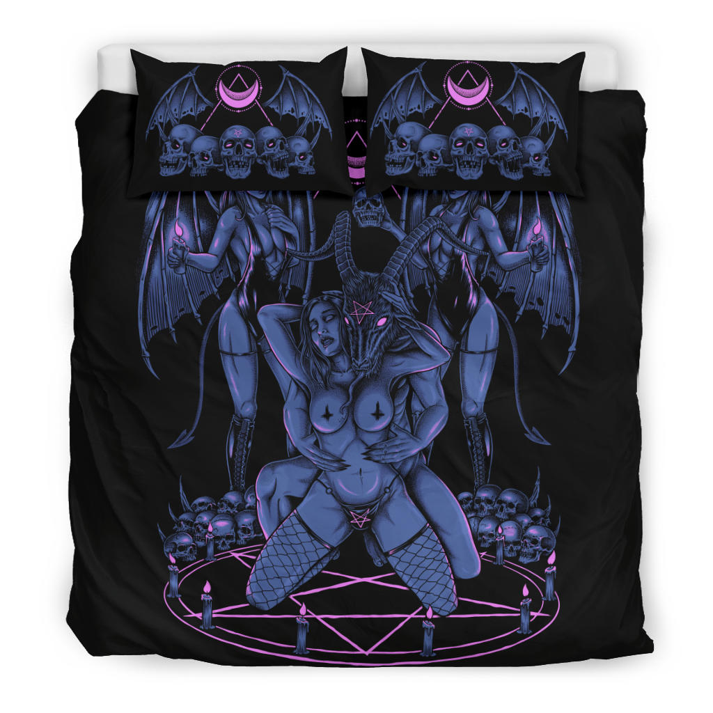 Skull Baphomet Erotic Revel In Freedom And Realize It Throne 3 Piece Duvet Set Sexy Blue Pink