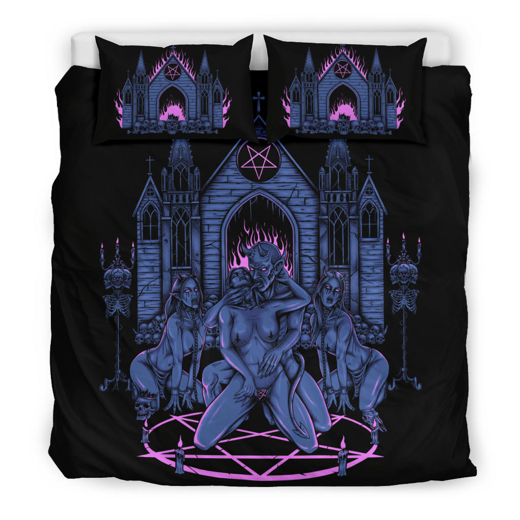 Skull Satanic Pentagram Demon Lucifer's Chapel Of Flesh 3 Piece Duvet Set Sexy Blue Pink