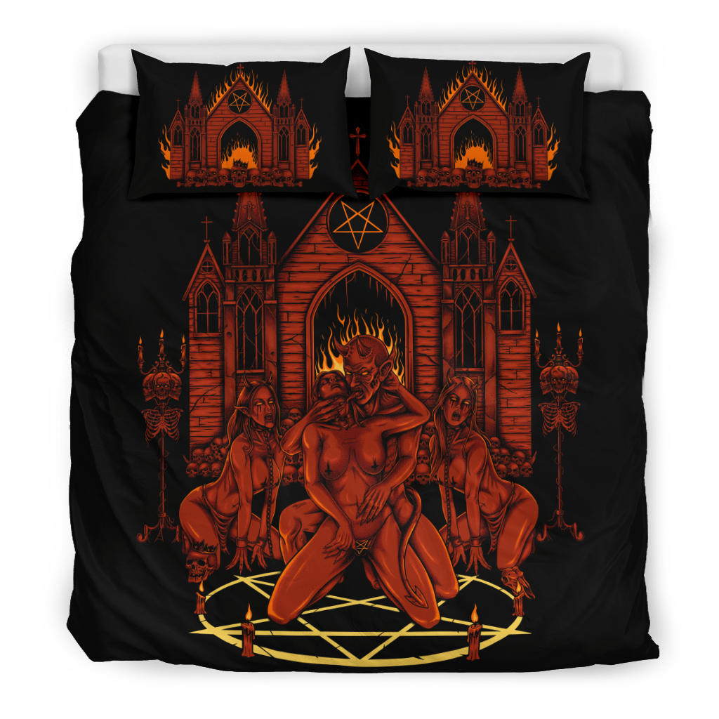 Skull Satanic Pentagram Demon Lucifer's Chapel Of Flesh 3 Piece Duvet Set Hellfire