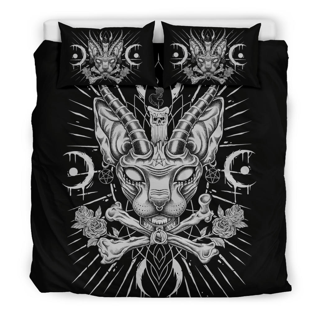 Skull Gothic Occult Black Cat Unique Sphinx Style Part 2-3 Piece Duvet Set Black And White Awesome Demonic White Eye