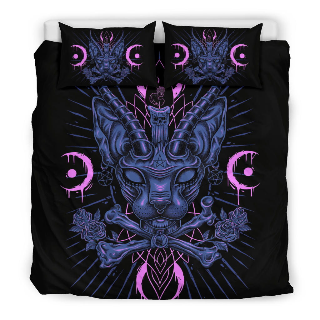 Skull Gothic Occult Black Cat Unique Sphinx Style Part 2-3 Piece Duvet Set Pentagram Version Awesome Demonic Eye Blue Pink