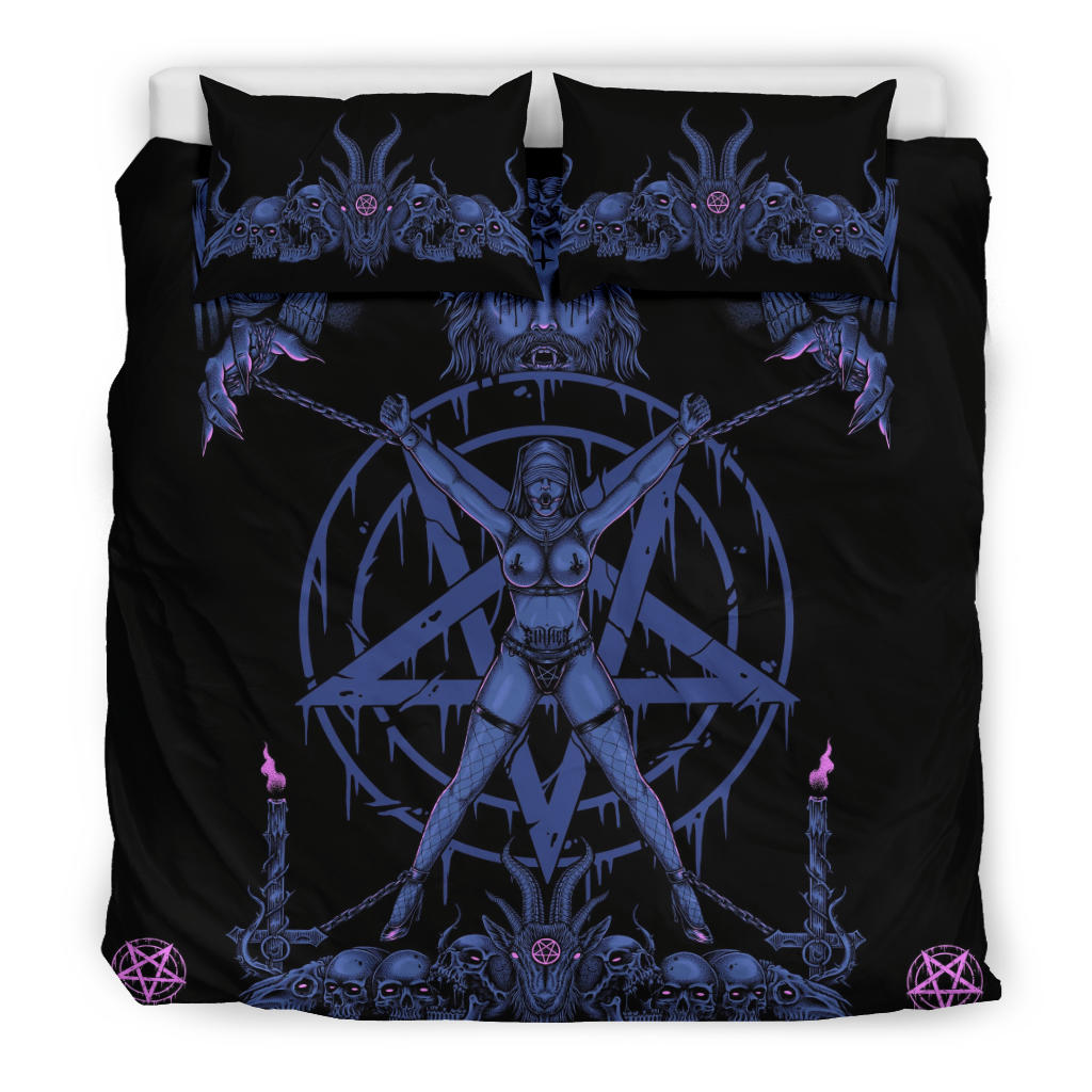 Skull Satanic Pentagram Demon Chained To Sin And Lovin It Part 2 -3 Piece Duvet Set Erotic Blue Pink