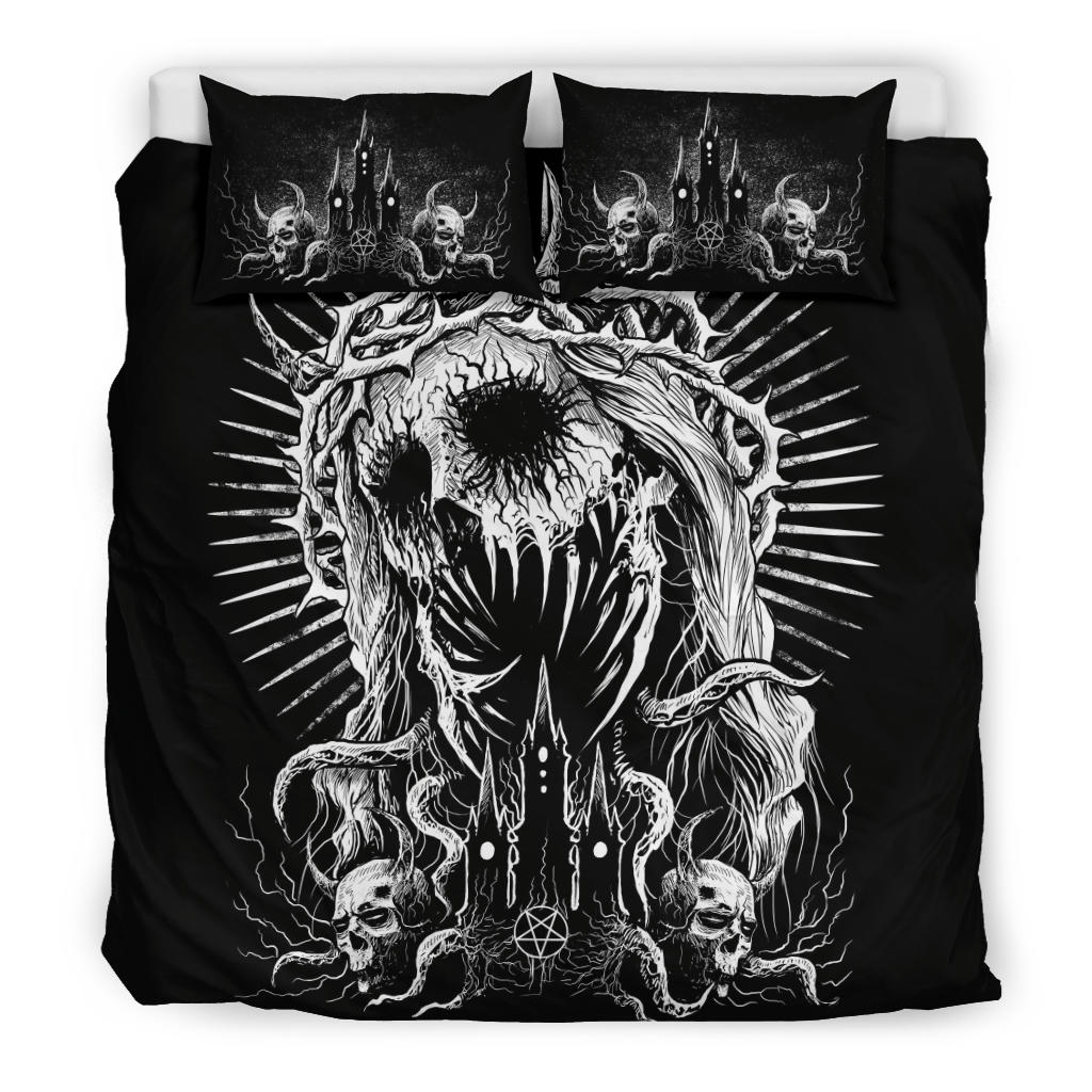 Skull Demon Zombie Savior Satanic Church 3 Piece Duvet Set Black And White