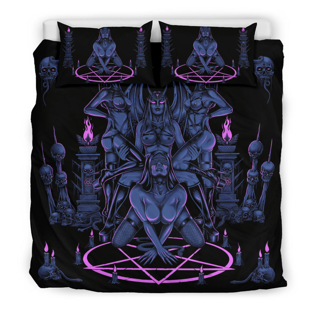 Skull Satanic Pentagram Serpent Impaled Erotic Demon Foursome 3 Piece Duvet Set Sexy Blue Pink