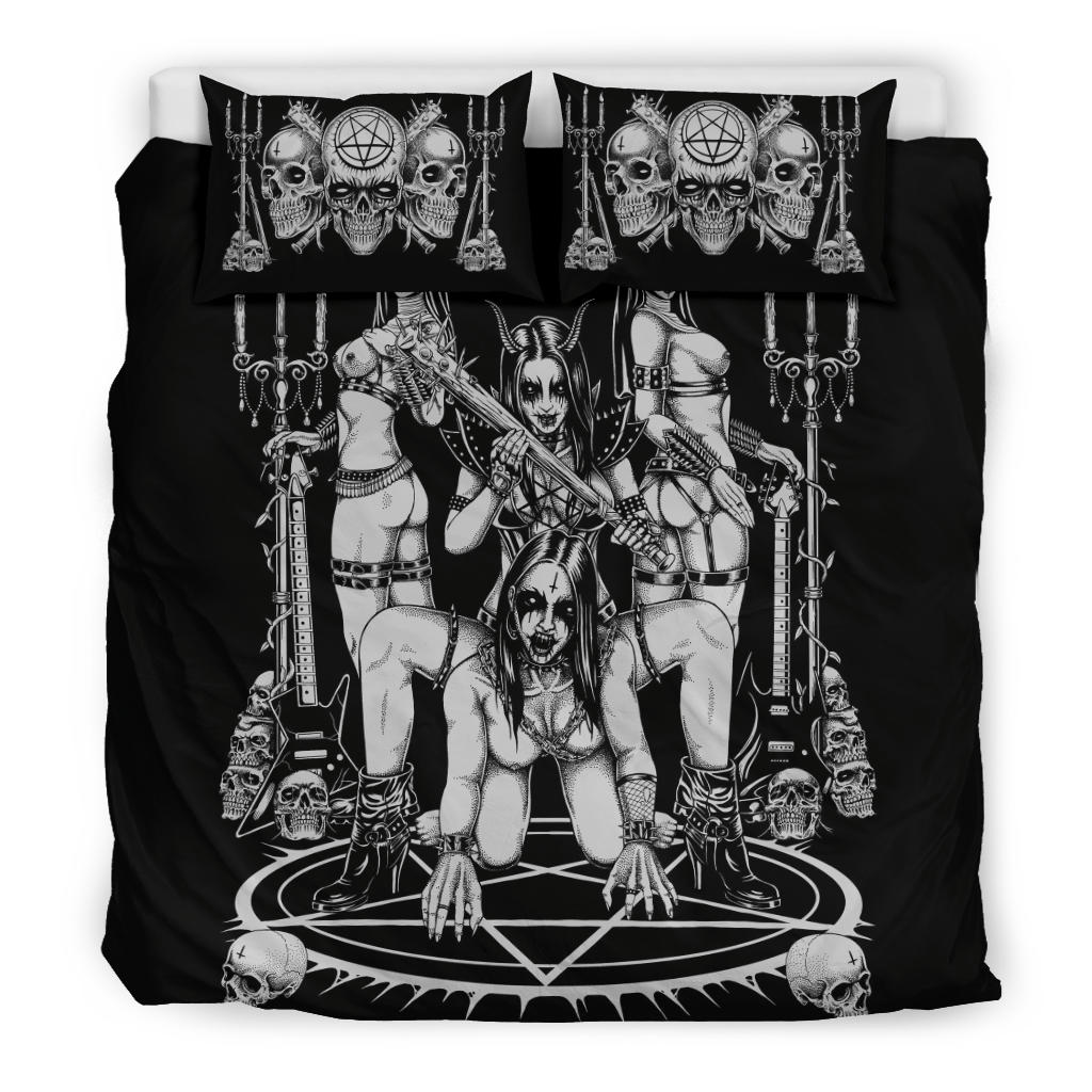 Skull Satanic Pentagram Ultimate Black Metal Lover Demon No Candle Corner 3 Piece Duvet Set Black And White