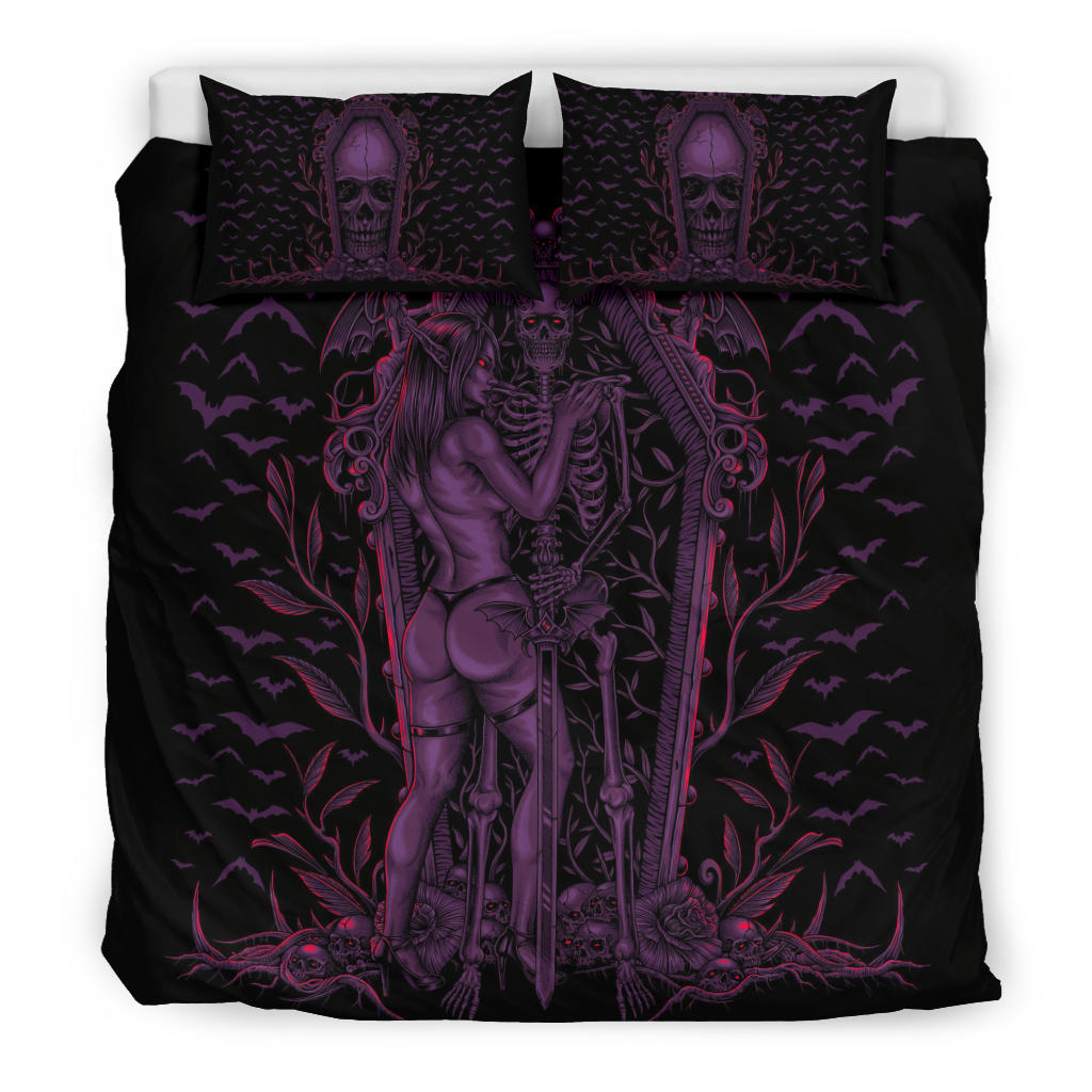 Bat Skull Bat Wing Erotic Demonic Skeleton Coffin Shrine 3 Piece Duvet Set Awesome Glowing Purple