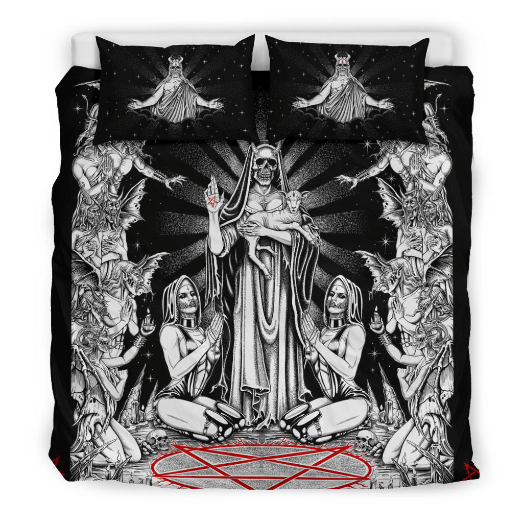 Satanic Pentagram Palm Nun Inverted Cross Forehead Pillows Demon Bombardment 3 piece Duvet Set Black And White Red Pentagram Version