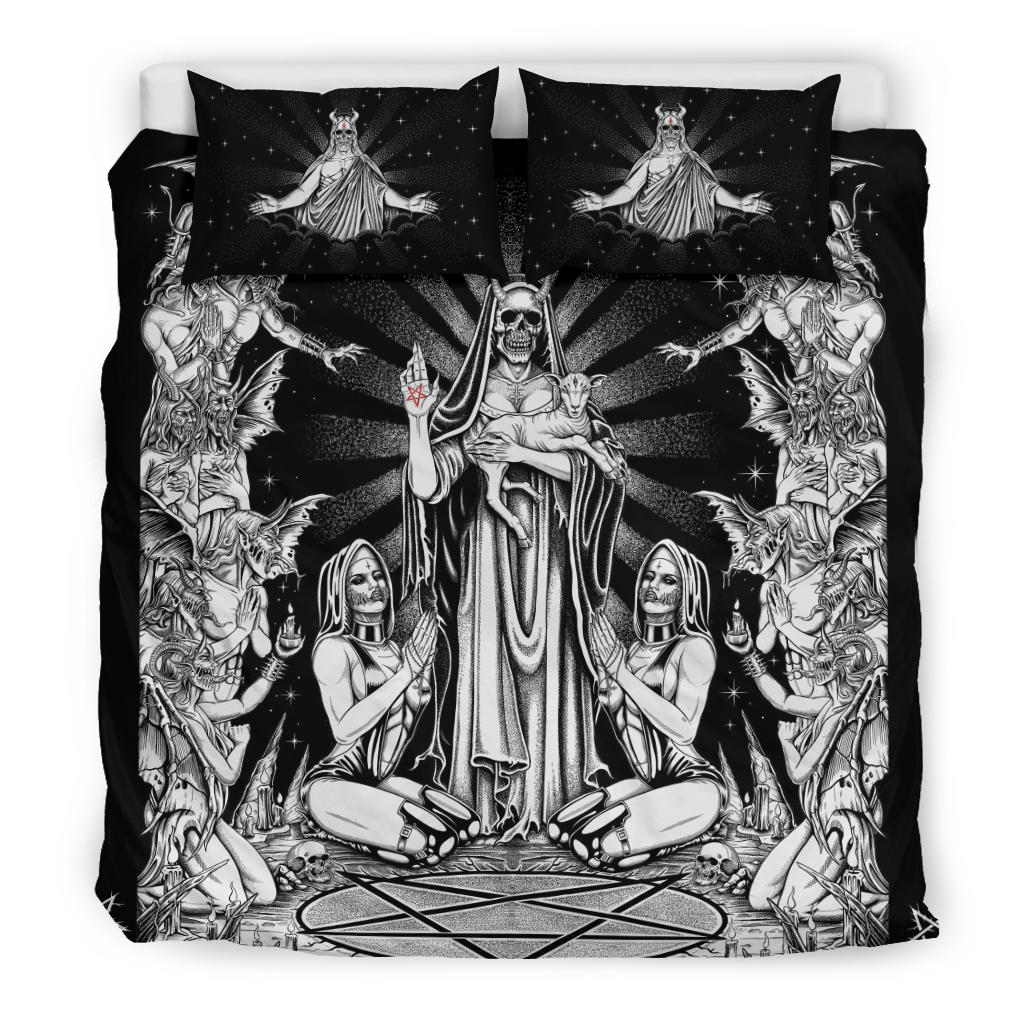 Satanic Pentagram Palm Nun Inverted Cross Forehead Pillows Demon Bombardment 3 piece Duvet Set Black And White