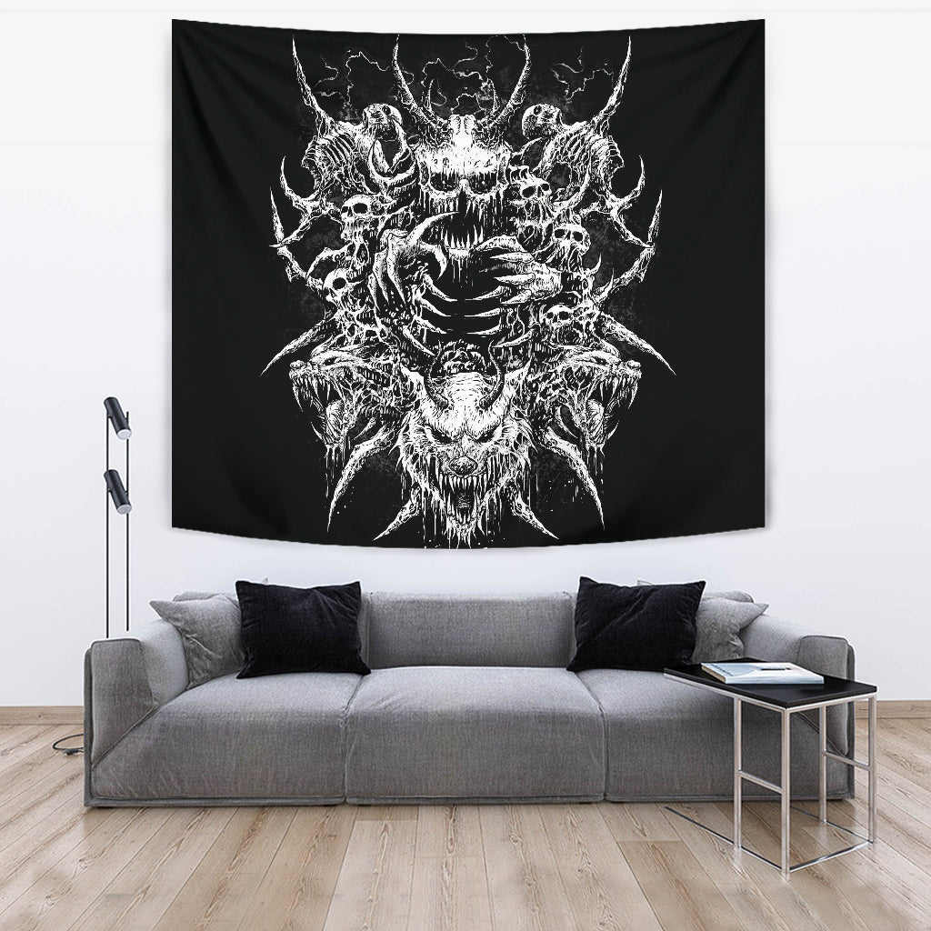 Skull Demon Wolf Large Wall Tapestry Black And White Version