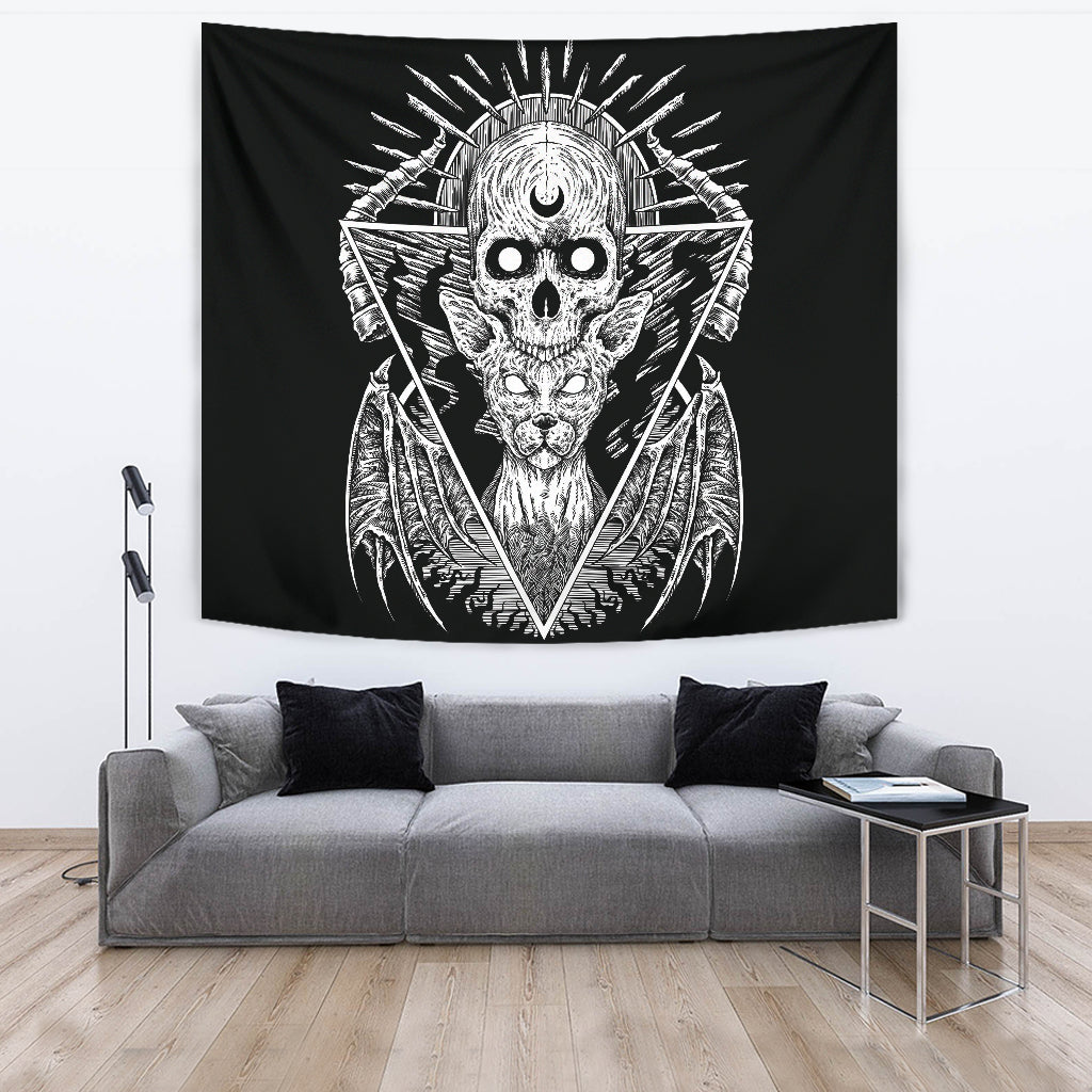 Skull Gothic Bat Wing Cat Large Wall Tapestry Black And White Original Version