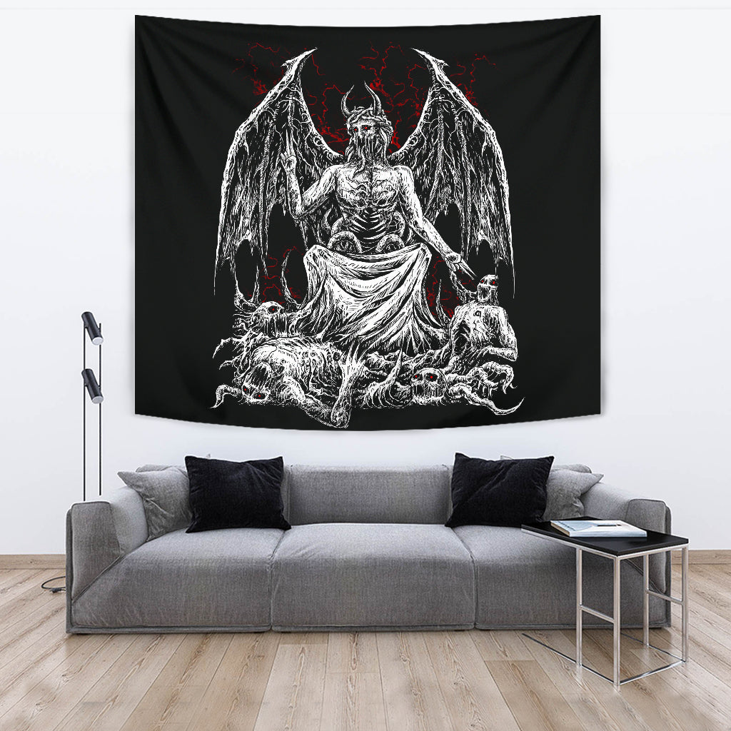 Skull Skeleton Winged Satanic Demon God Large Wall Tapestry Black And White Red