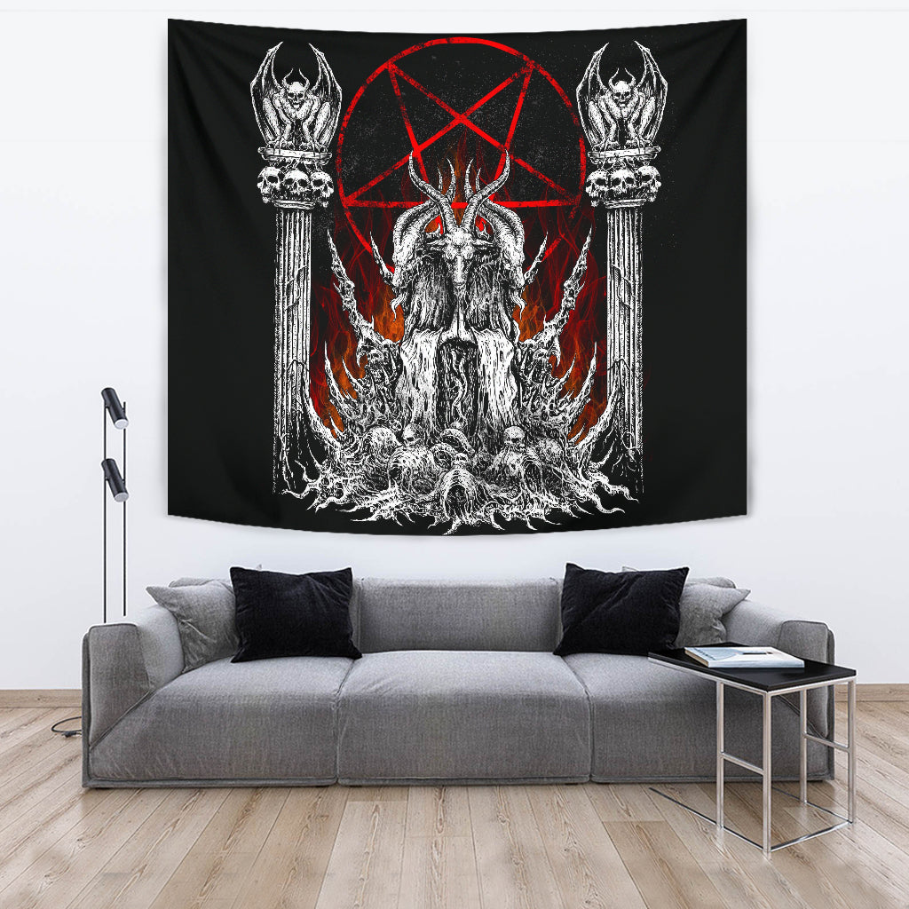 Skull Satanic Goat Satanic Pentagram Flame Large Tapestry