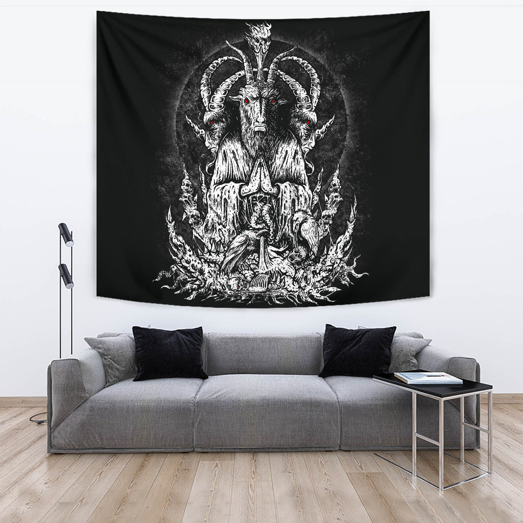 Skull Satanic Goat Zombie Crow Feast Large Wall Tapestry