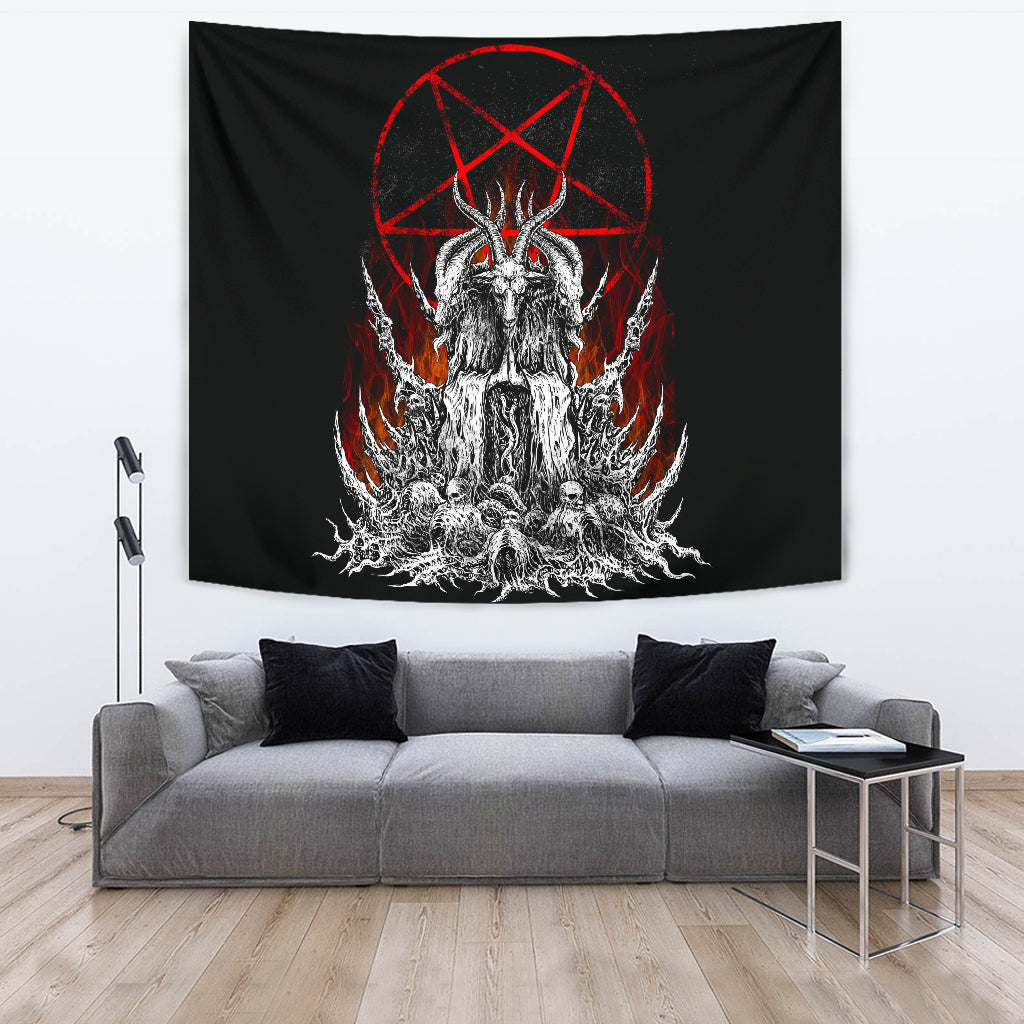 Skull Satanic Goat Satanic Pentagram Flame Large Wall Tapestry