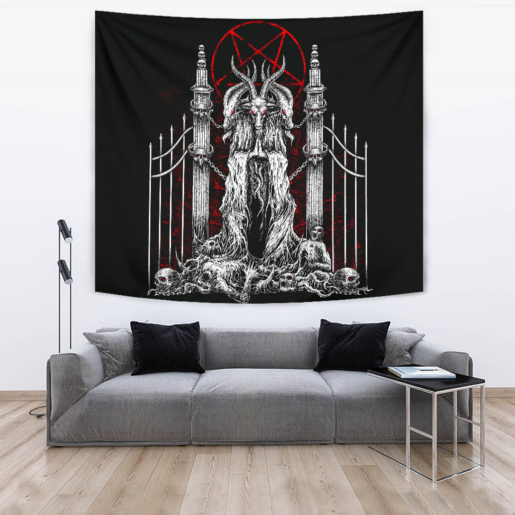 Skull Satanic Goat Satanic Pentagram Welcome To Hell Large Wall Decoration Tapestry Black And White Red