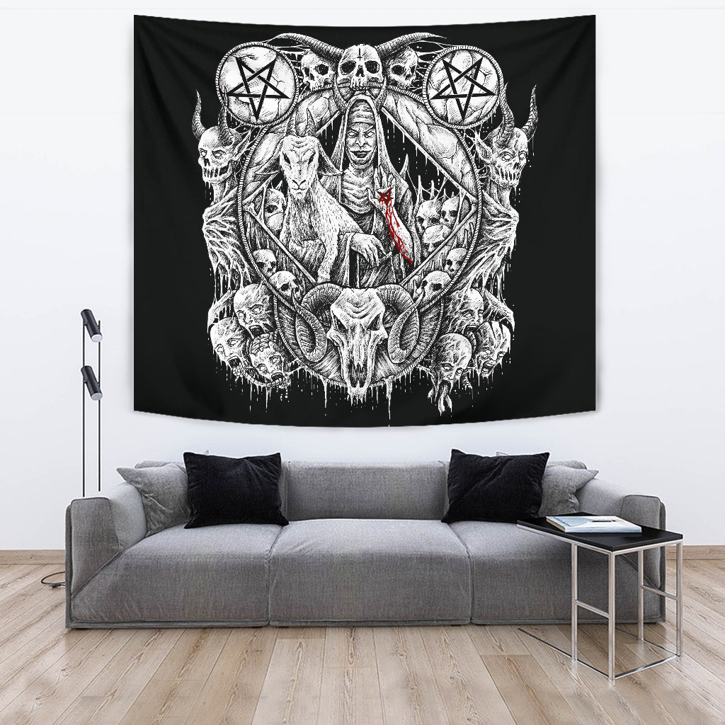 Skull Satanic Pentagram Demon Virgin Nun Goat Large Wall Decoration Tapestry