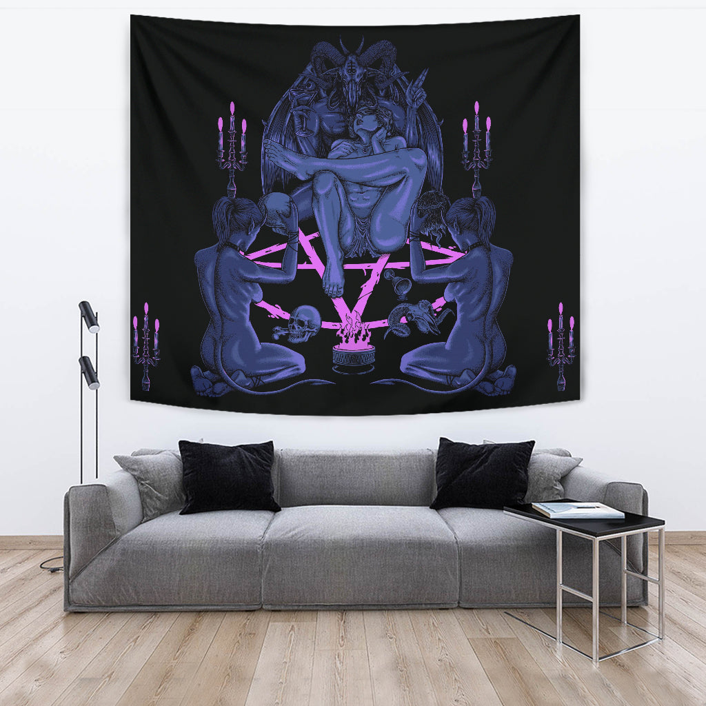 Satanic Pentagram Goat Skull Alcohol Fueled Messiah Head Anatomy Celebration Party Large Wall Decoration Tapestry Blue Pink