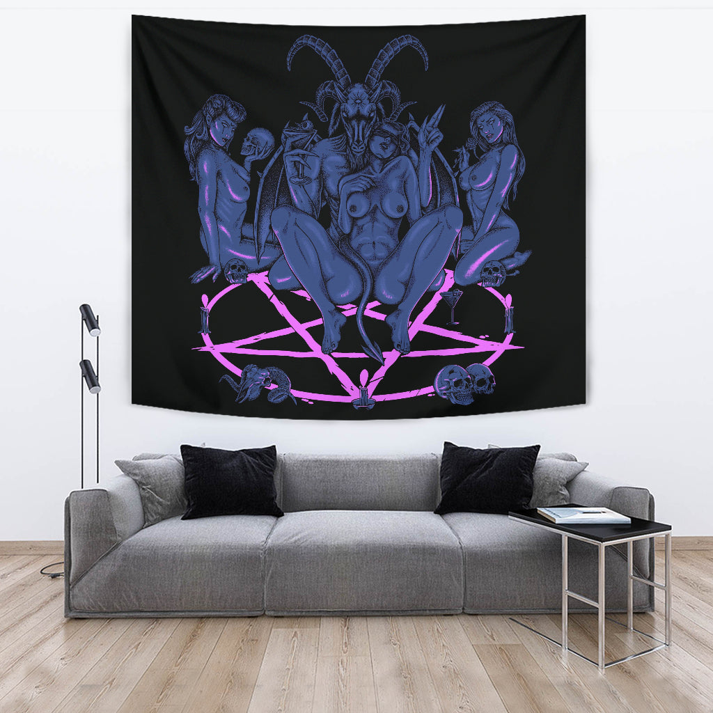 Skull Satanic Baphomet Goat Pentagram Lust God Naughty And Lovin It Cocktail Flesh Party Large Wall Decoration Tapestry Sexy Blue Pink