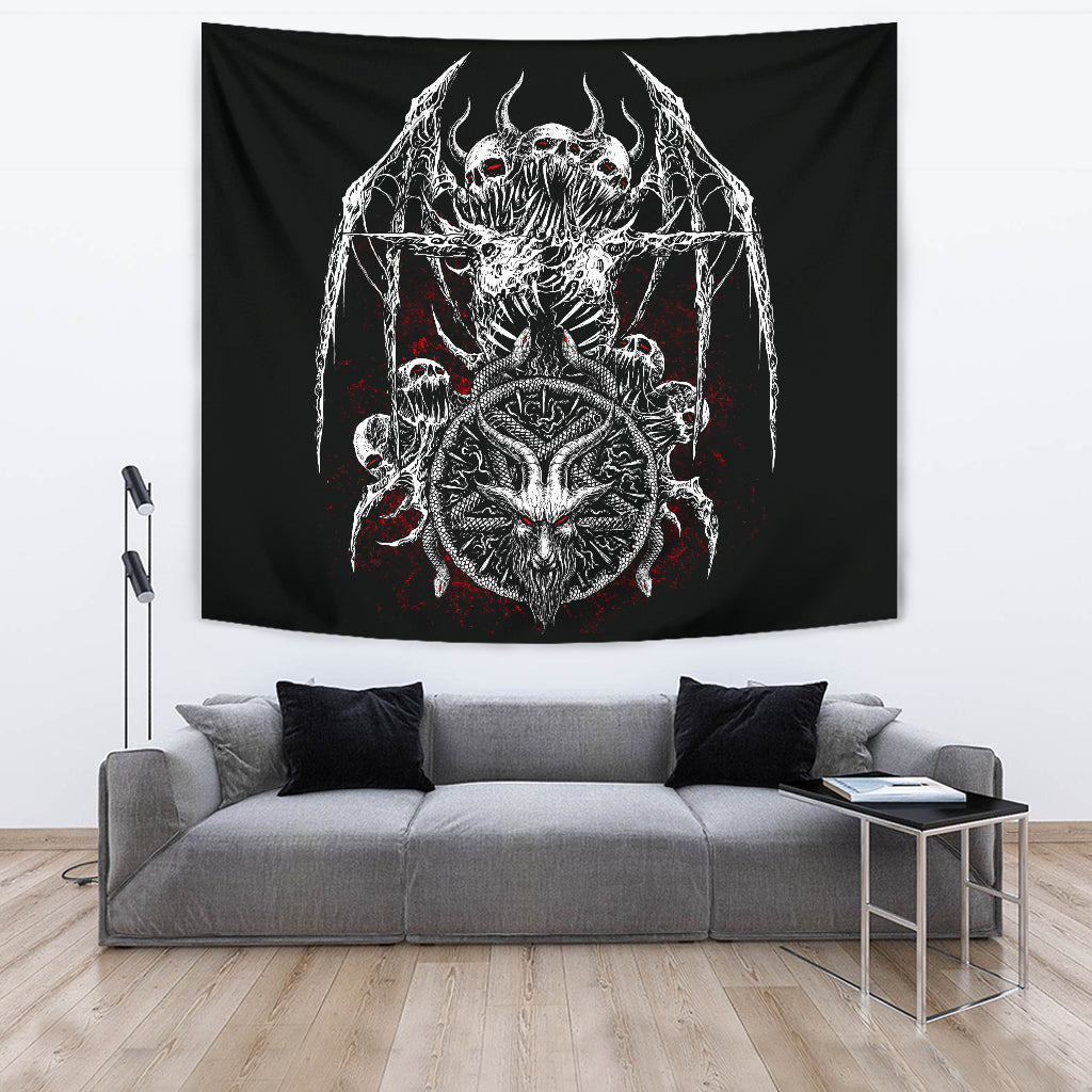 Skull Satanic Bat Wing Demon Goat Satanic Pentagram Serpent Large Wall Tapestry Black And White Blood Red
