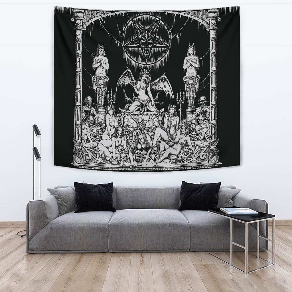 Satanic Pentagram Skull Sexy Winged Demon Welcome To Hell's Pearly Pleasure Gates Large Wall Decoration Tapestry Darker