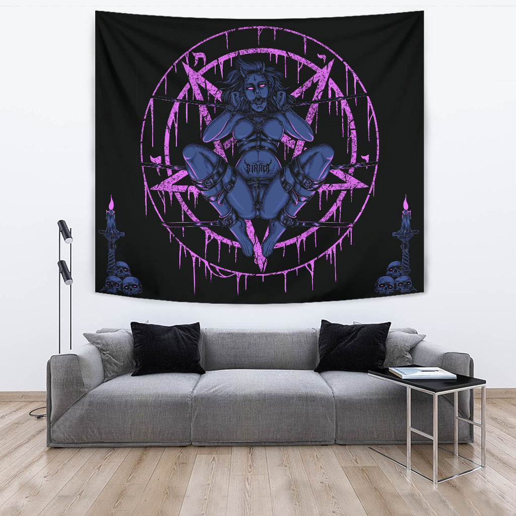 Skull Demon Satanic Baphomet Goat Satanic Pentagram Chained To Sin And Lovin It Large Wall Decoration Tapestry Erotic Blue Pink