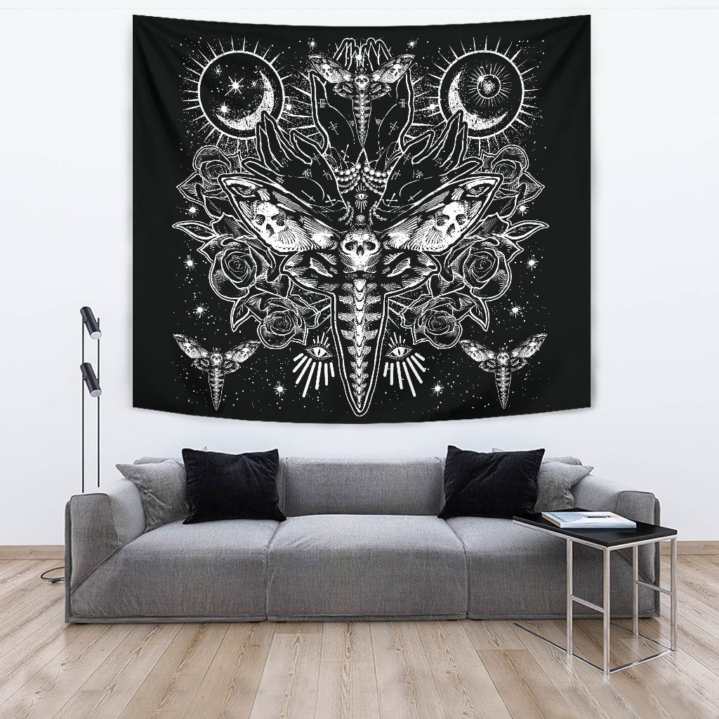 Skull Moth Secret Society Large Wall Decoration Tapestry Black And White