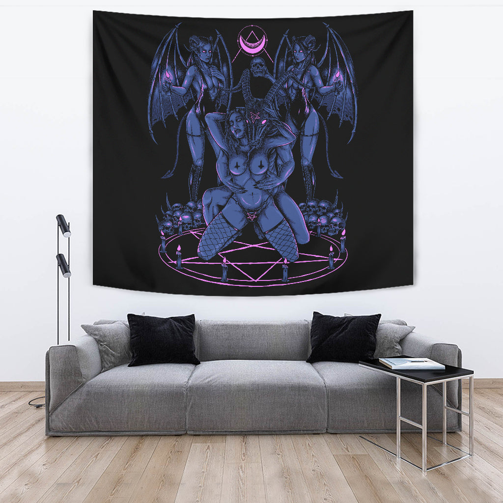 Skull Baphomet Erotic Revel In Freedom And Realize It Throne Large Wall Decoration Tapestry Sexy Blue Pink