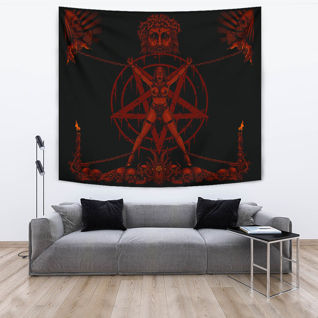 Skull Satanic Pentagram Demon Chained To Sin And Lovin It Part 2 -Large Wall Decoration Tapestry Blood Red Hellfire