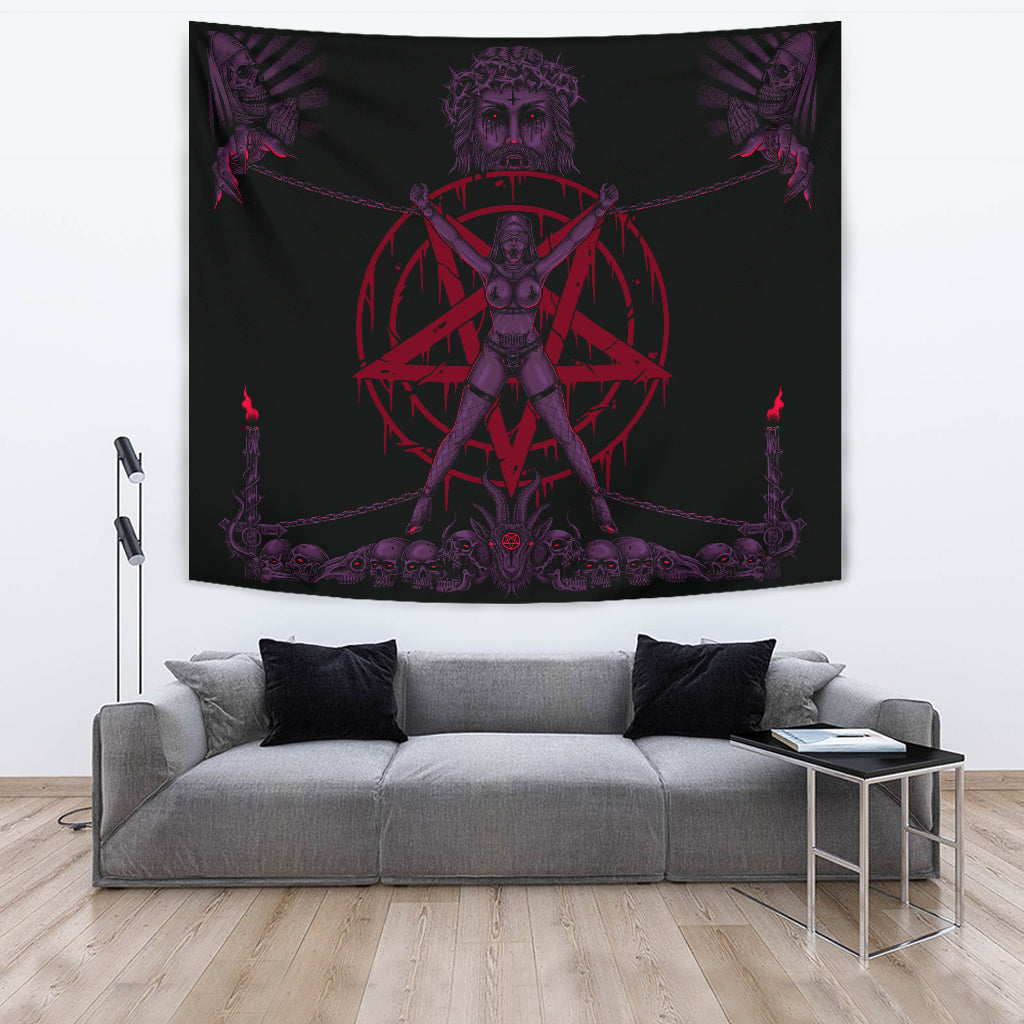 Skull Satanic Pentagram Demon Chained To Sin And Lovin It Part 2 -Large Wall Decoration Tapestry Awesome Glowing Purple