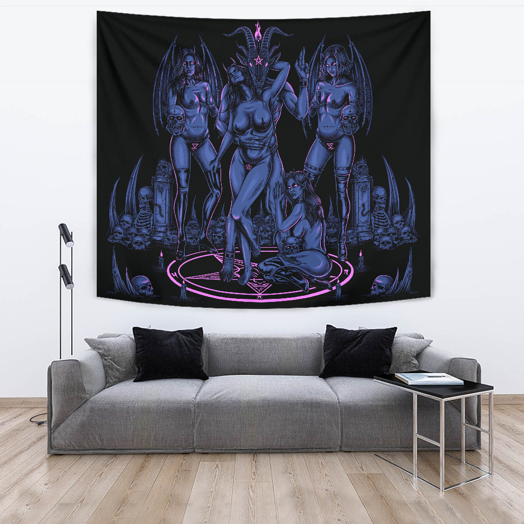 Skull Baphomet Erotic Revel In More Freedom And Realize It Throne Large Wall Decoration Tapestry Erotic Blue Pink
