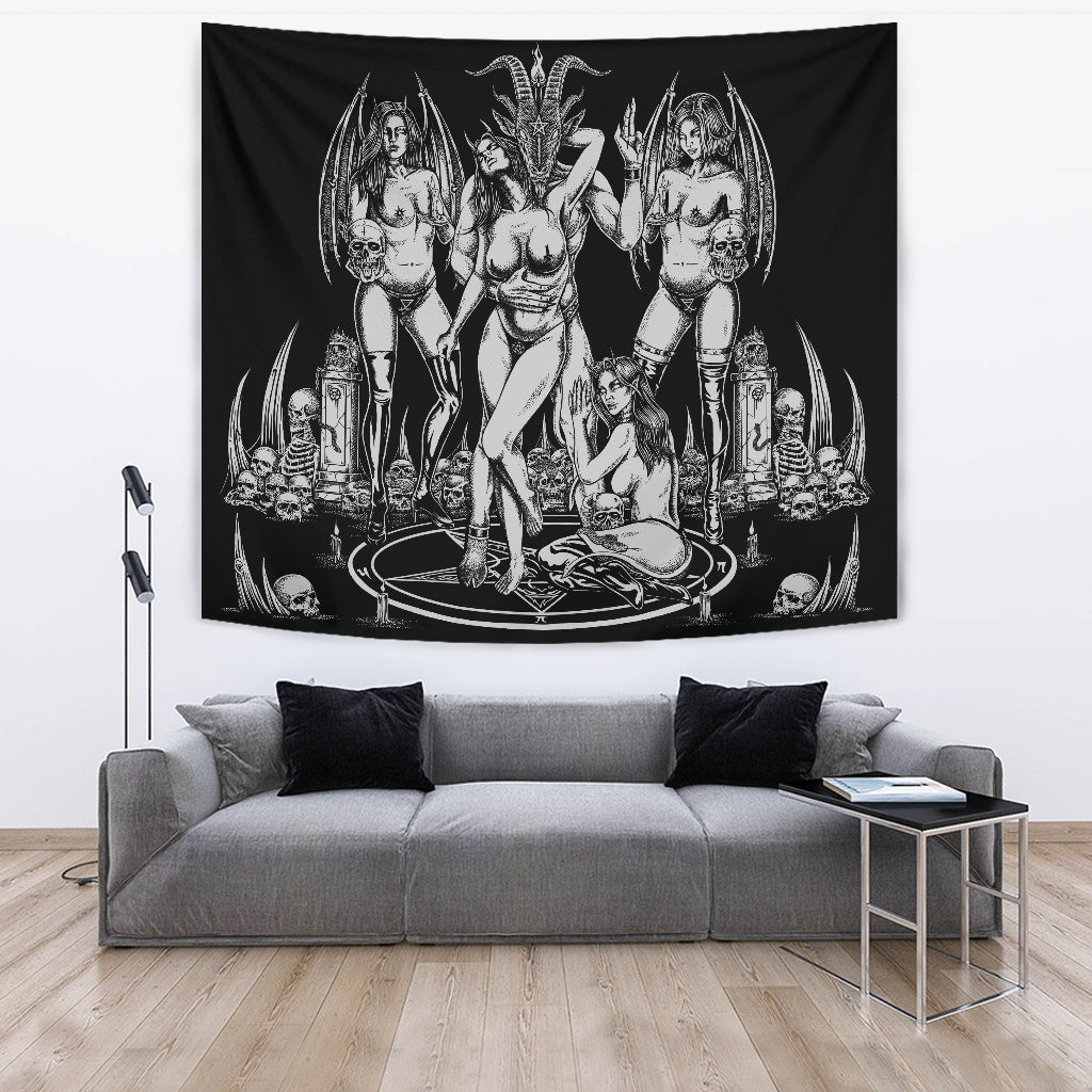 Skull Baphomet Erotic Revel In More Freedom And Realize It Throne Large Wall Decoration Tapestry Black And White