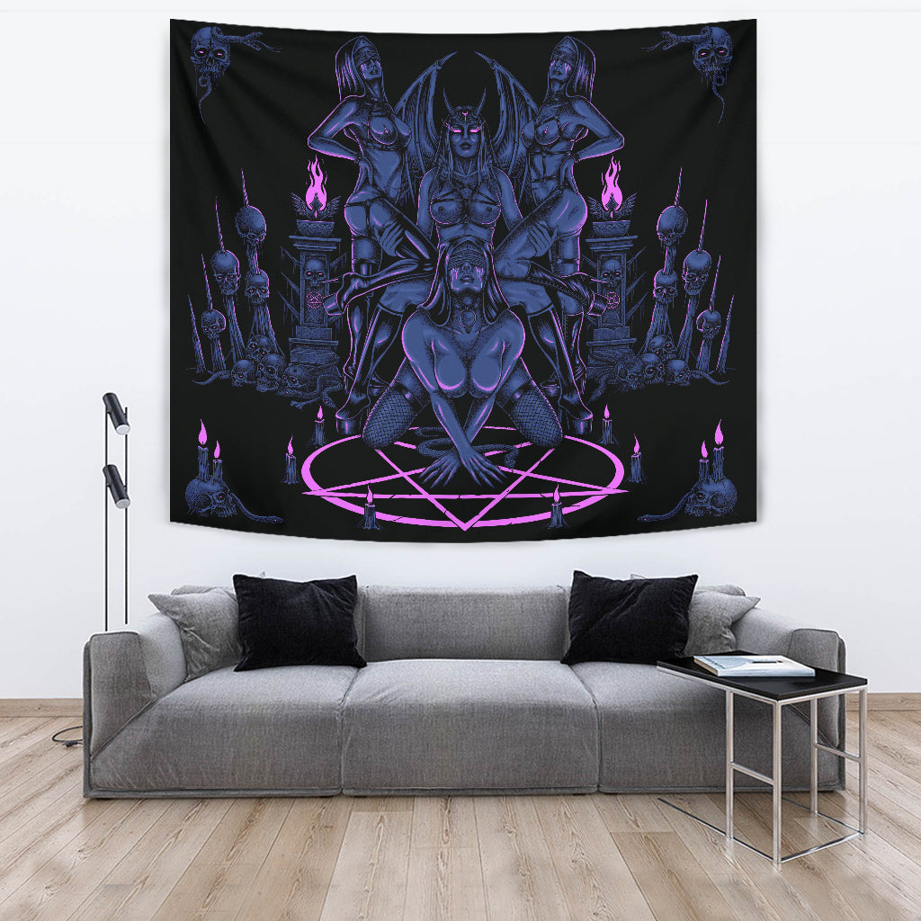 Skull Satanic Pentagram Serpent Impaled Erotic Demon Foursome Large Wall Decoration Tapestry Sexy Blue Pink