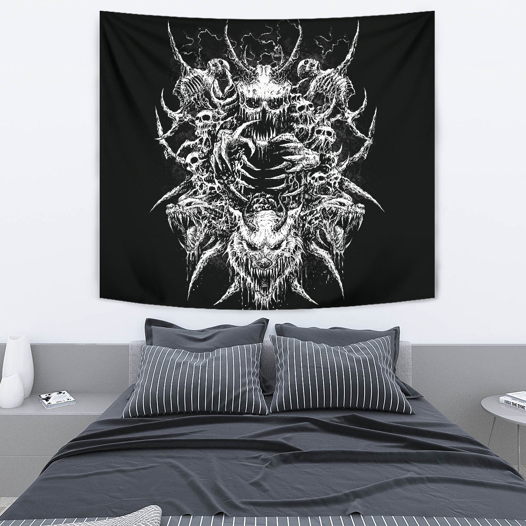 Skull Demon Wolf Large Wall Tapestry Black And White Version