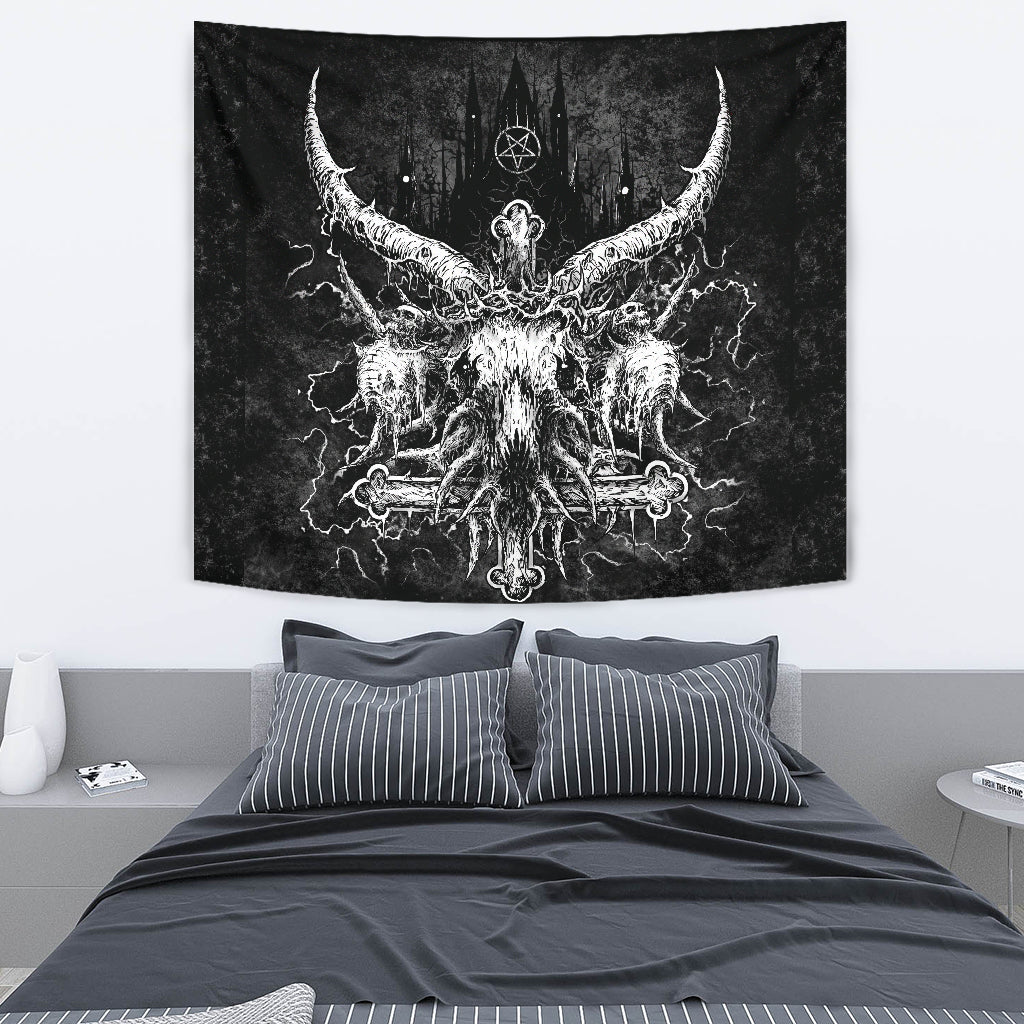 Skull Satanic Cross Crowned Goat Satanic Pentagram Church Large Wall Tapestry Black And White Version
