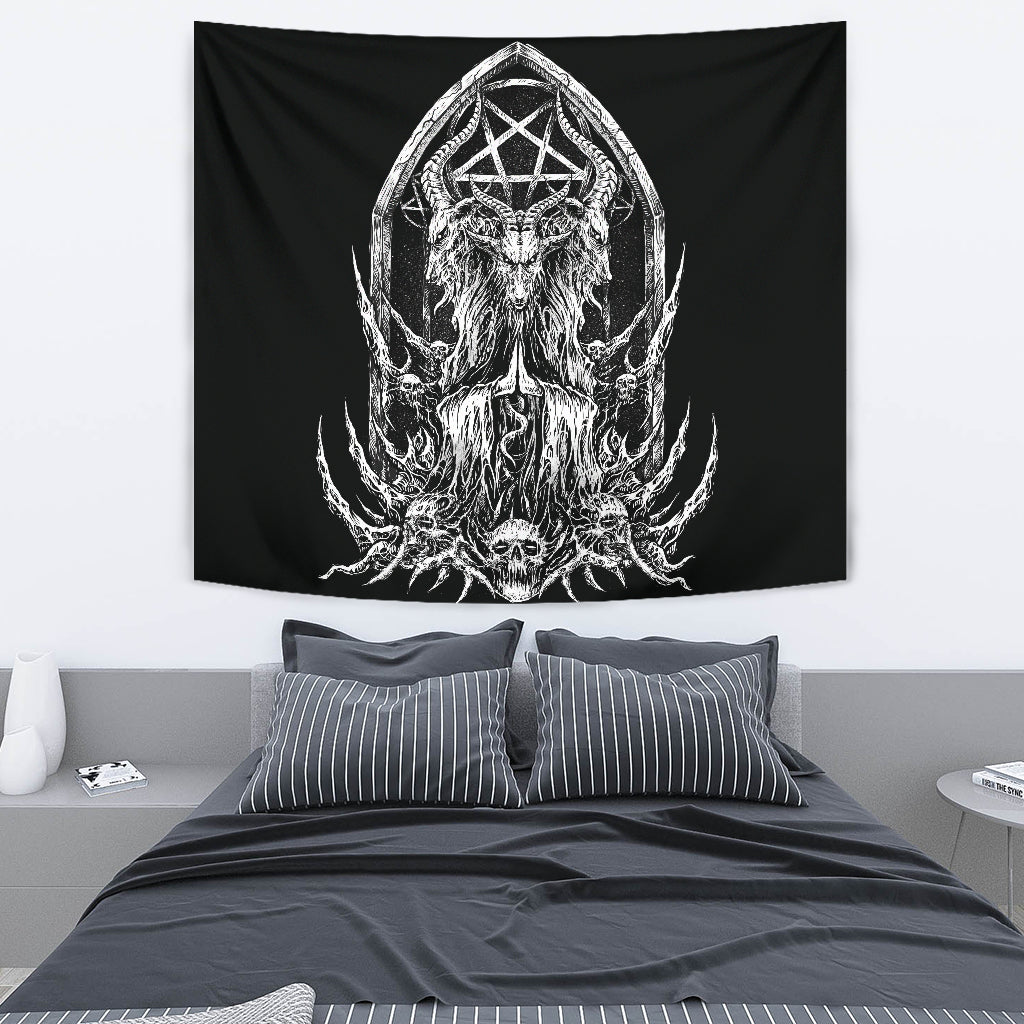 Skull Satanic Goat Satanic Pentagram Shrine Large Tapestry Black And White